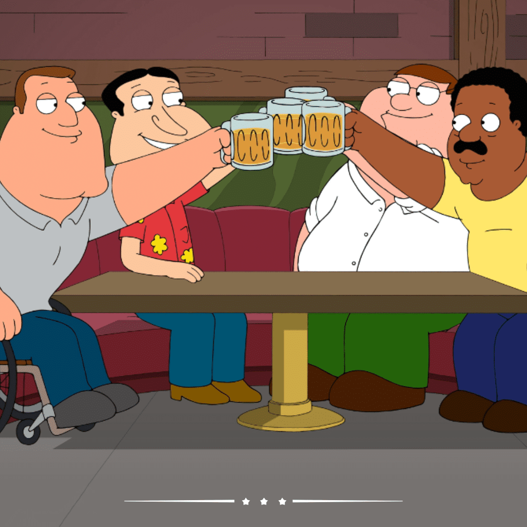 Family Guy Drinking Game. Peter and the guys cheering with beer